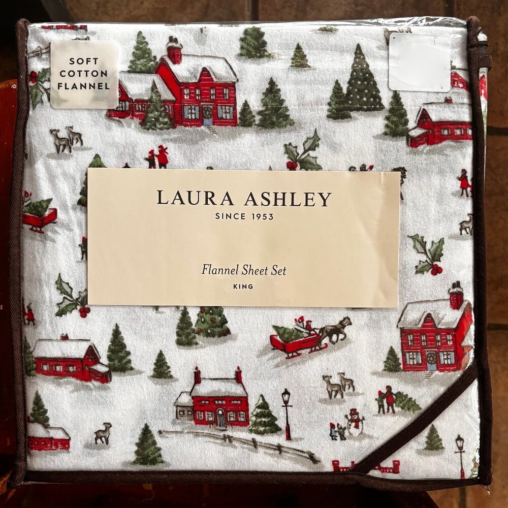 Laura Ashley CHRISTMAS HOLIDAY VILLAGE King Size Cotton Flannel Sheet Set